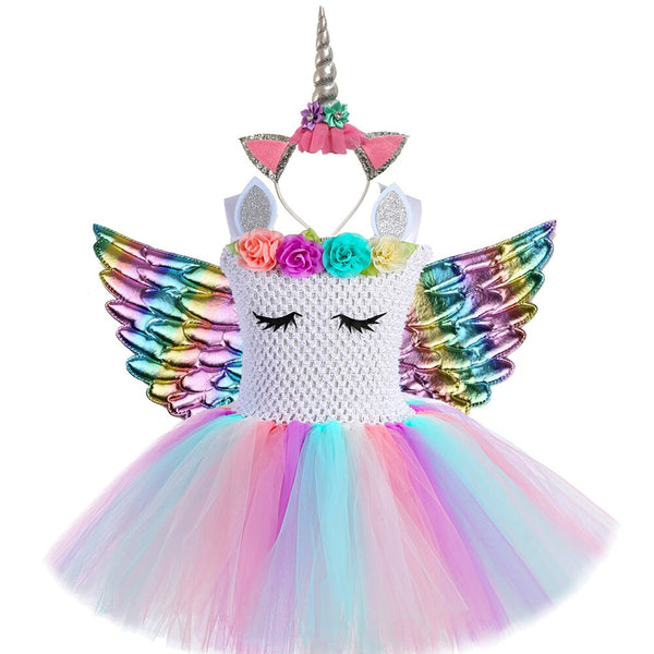 Pastel Unicorn Girls Tutu Dress Flower Princess Gown Dresses Kids Halloween Costume Child Cosplay Fancy Clothes with Wings 1-14Y