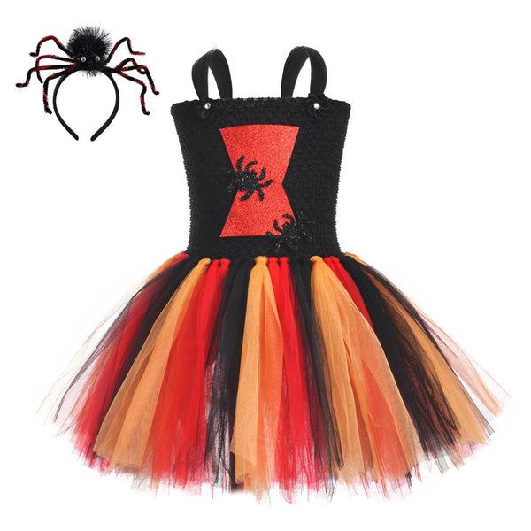 Kids Widow Spider Dresses Halloween Costume Girls Tutu Dress with Headband Princess Cosplay Clothes Birthday Purim Gift 1-14Y