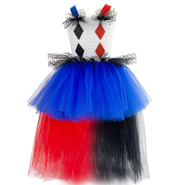 Jester Villains Evil Clown Girls Costume Kids Halloween Pageants Dress Up Clothes Children Purim Party Fancy Gown Dresses