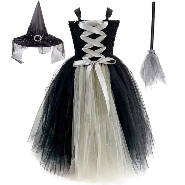 Girls Gothic Halloween Ghost Witch Costume Witches Broom Kids Gown Robe Tutu Dress with Witch Hat for Purim Carnival Party 1-14Y