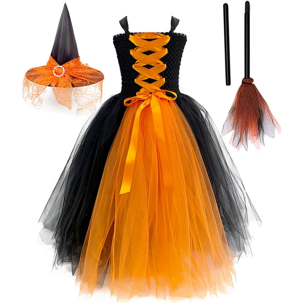 Mädchen Hexe Halloween Kostüm für Kinder Langes Tutu Kleid mit Hut Besen Schwarz Böse Königin Outfits Kinder Karneval Party Kleidung