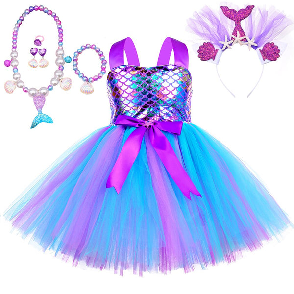 Little Mermaid Princess Dress for Girls Kids Birthday Tutu Outfit Halloween Costume Toddler Girl Ocean Theme Party Dress-Up