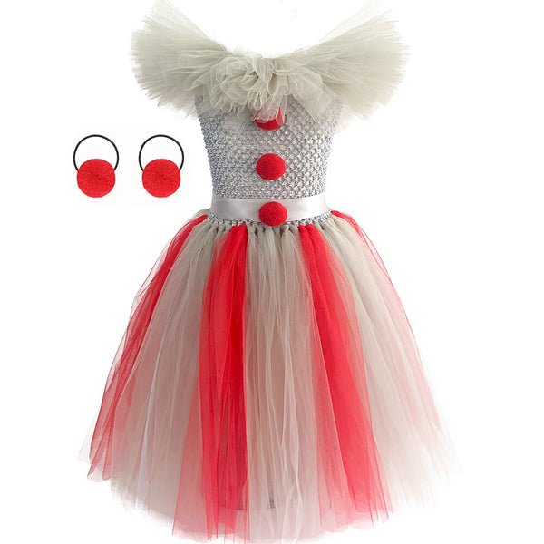 Pennywise Mädchen Tutu Kleid mit Kragen Clown Cosplay Halloween Kostüm Kinder Mädchen Grau Lange Tüll Kleider Kostüme Outfits