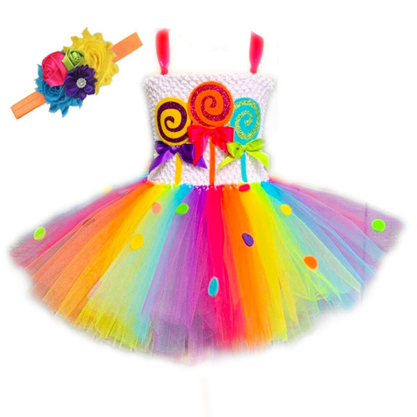 Girls Rainbow Candy Tutu Dress Halloween Lollipop Costume for Kids Girl Candyland Party Gown Dresses Birthday Purim Decoration