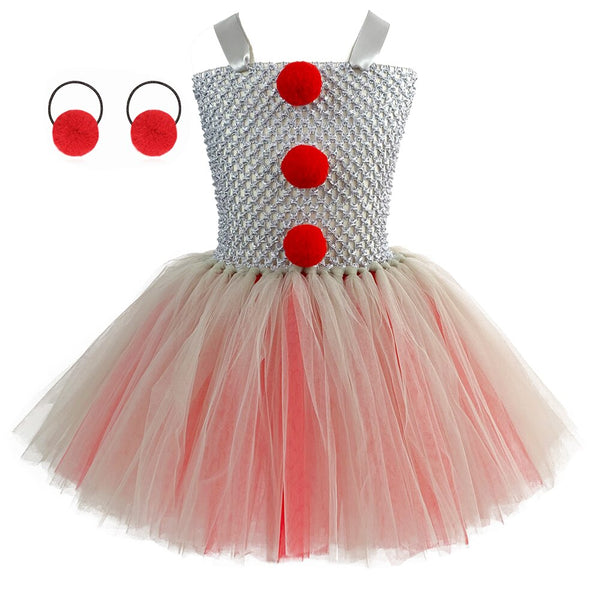 Joker Penny Wise Halloween Costume for Girls Kids Gray Tulle Tutu Dress Children Carnival Clown Dress Up Clothes with Hair Rope