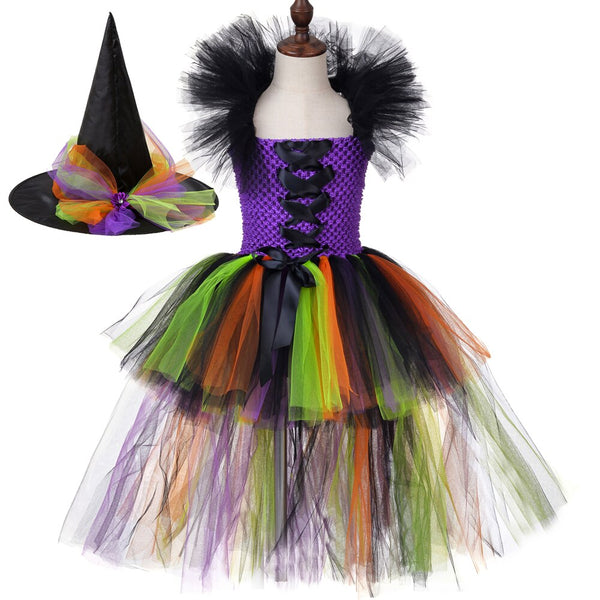 High Low Witch Tutu Dress Girls Halloween Costume for Kids Trailing Clothes Fancy Dresses for Carnival Party Evil Witch Outfits