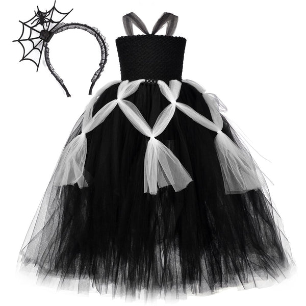 Black Spider Costume for Girls Kids Long Tutu Dress Children Halloween Carnival Witch Cosplay Clothes Fancy Party Dresses 1-12Y