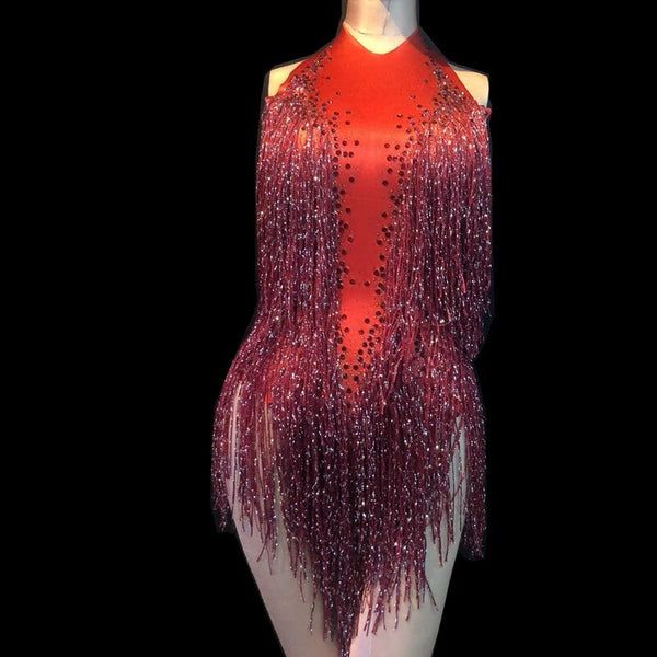 Women Fashion Wine Red Sequins Tassels Slim Stage Costumes Female Rhinestone Sleeveless Bodycon Leotard Women DS Dancing Wear