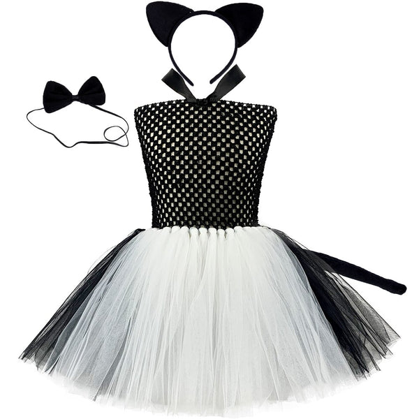 Cute Black White Cat Tutu Dress Girls Kids Halloween Cat Costume Set 1-12 Years Child Birthday Party Clothes Carnival Purim Gift