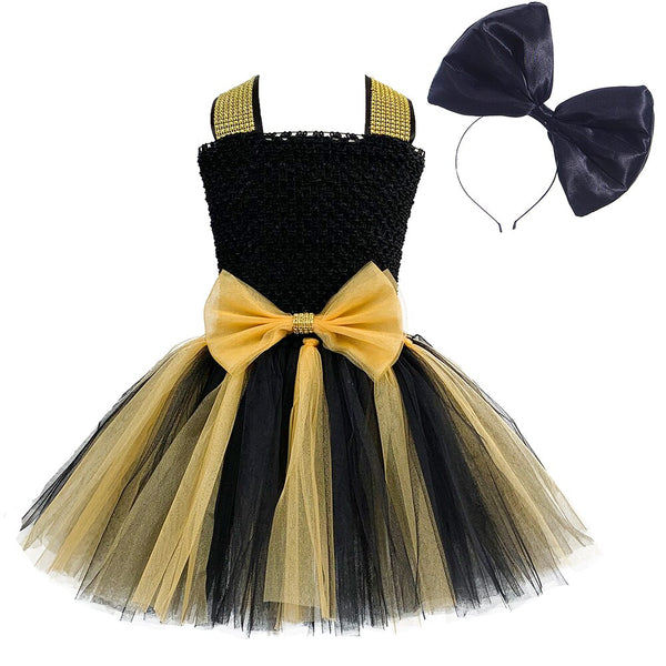 Girls lol Princess Dresses with Bow Headband Black Glod Puffy Tulle Tutu Dress for Kid Birthday Party Halloween Costume 1-12Y