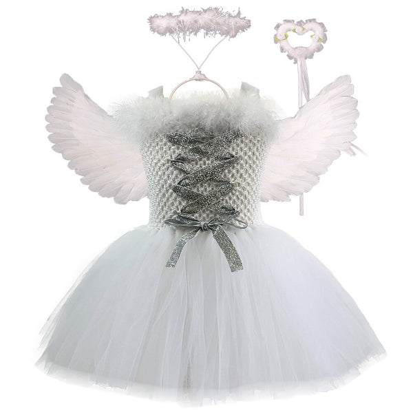 White Angel Tutu Dress for Girls Toddler Fluffy Angel Costume with Wing Magic Wand Kids Birthday Dresses Halloween Pageant Party