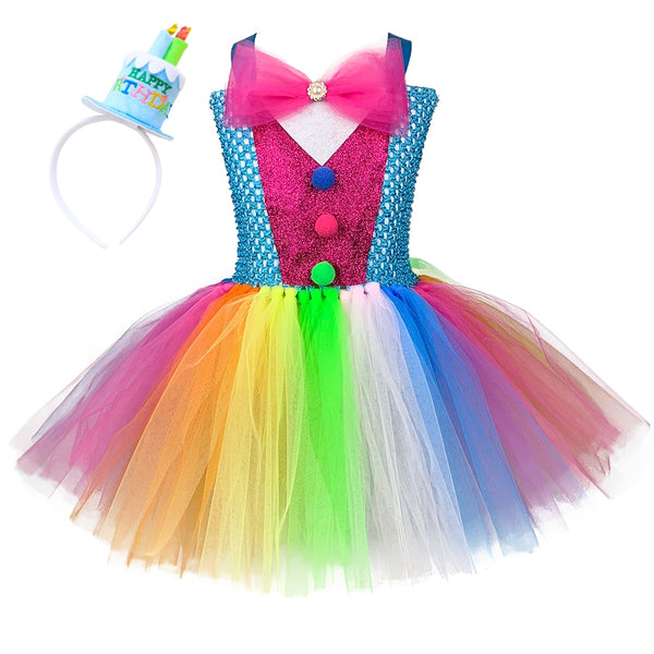 Girls Clown Costume Rainbow Fluffy Fancy Dress for Kid Birthday Party Children Halloween Carnival Pageant Clown Dress Up Clothes