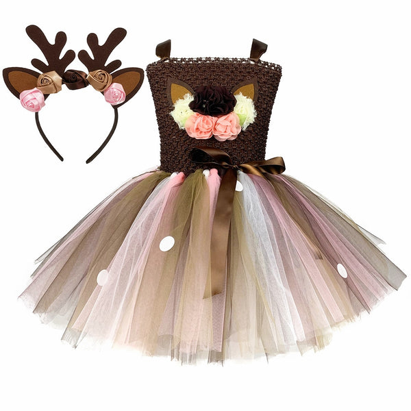 Cartoon Deer Costume with Headband Girls Kid Flower Reindeer Tutu Dress for Birthday Child Winter Recital Party Dress Up Clothes