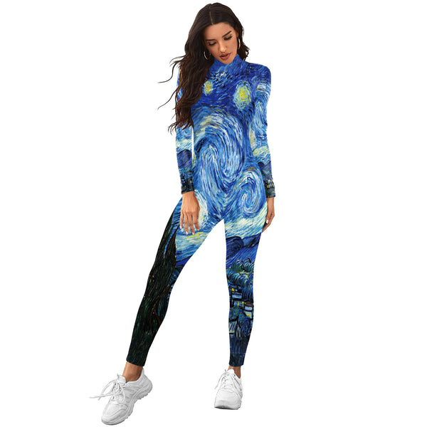 Women Long Sleeve Bodysuits Van a Goghgh Star and Moon Night Printed Cosplay Costumes Adult Sexy Tight Elastic Clothing Jumpsuits