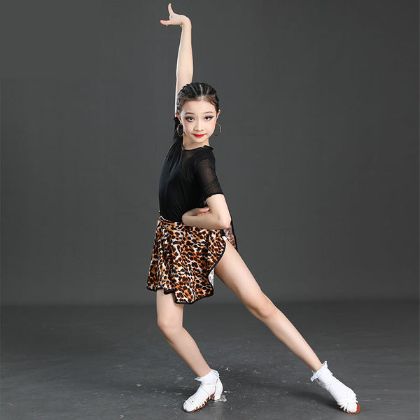 2Pcs Dance Costumes 2022 New Kids Child for Girls Dance Dress Tassel Skirt Short Short Long Sleeve Leopard Print Performance