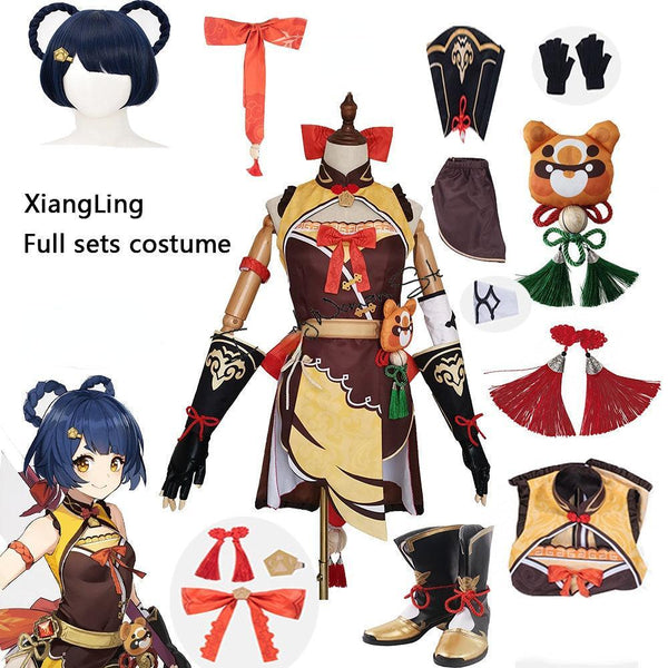 Genshing and Impacts Xiangling Cosplay Costume Head Chef Outfit Halloween Party Xiang Ling Cosplay Wig Shoes Bear Anime Sexy Dress