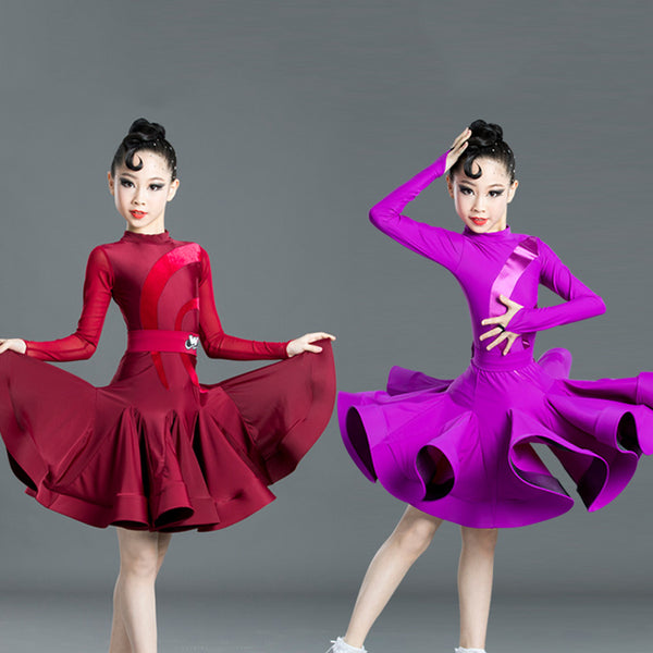 Latin Dance Dress For Girls Long Sleeve Ballroom Tango Salsa Cha Cha Samba Performance Dance Wear Kids Practice Clothes SL2427