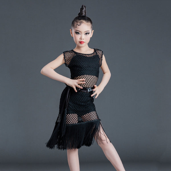 2021 Children&#39;S Day Latin Dance Dress For Girls Black Mesh Practice Clothes Chacha Samba Tango Latin Performance Costumes SL4855