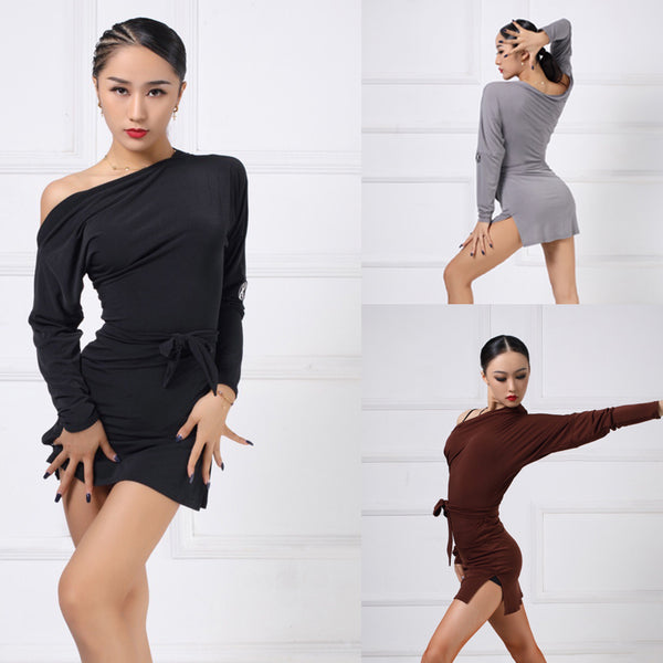 2021 New Oblique Shoulder Latin Dance Dress National Standard Dance Long Sleeve Female Adult Practice Short Dresses SL5815