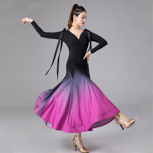 Gradient Langarm Latin Dance Kleid Sexy V-Ausschnitt Langes Kleid Ballsaal Wettbewerb Tanzkleider Latin Dance Kleidung SL6049