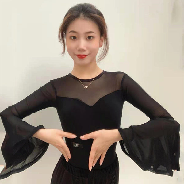 Mesh Herringbone Sleeves Latin Dance Top Hollow Back Practice Tops Ballroom Samba Chacha Rumba Stage Performance Wear SL5856