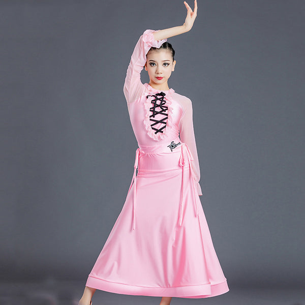 Girls Latin Dance Dress Pink Tie Latin Tops Long Skirts Kids Latin Dance Competition Dresses Ballroom Tango Samba Salsa SL5726