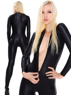 Black Unisex Lycra Suit Spandex Zentai Catsuit Halloween Costume Front Zipper